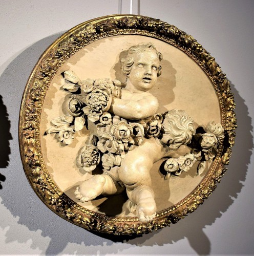 Paire de frises ovales en bois sculpté et laqué d'époque Louis XV - Romano Ischia